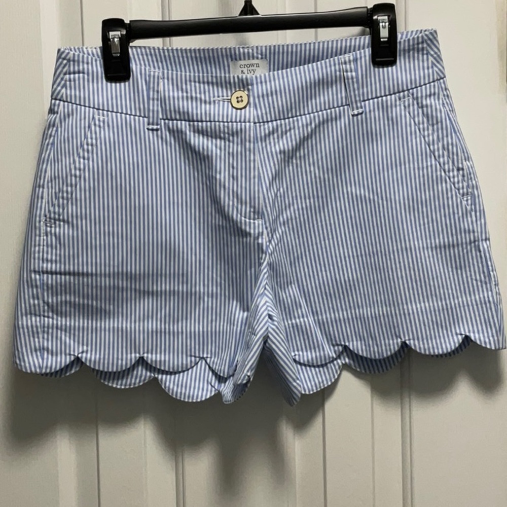 Blue and white pinstripe shorts with scalloped bottom